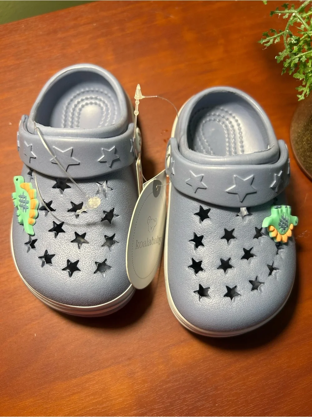 Koala Kids Light blue Star Clogs with Green and Yellow Dinosaur Charms